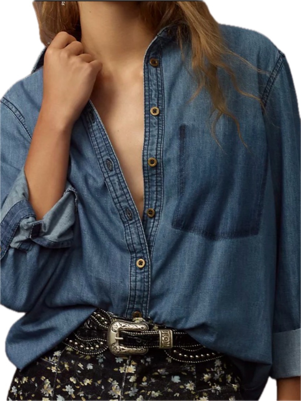 ANTHROPOLOGIE PILCRO Denim Chambray Button Down Shirt Small Oversized Cotton